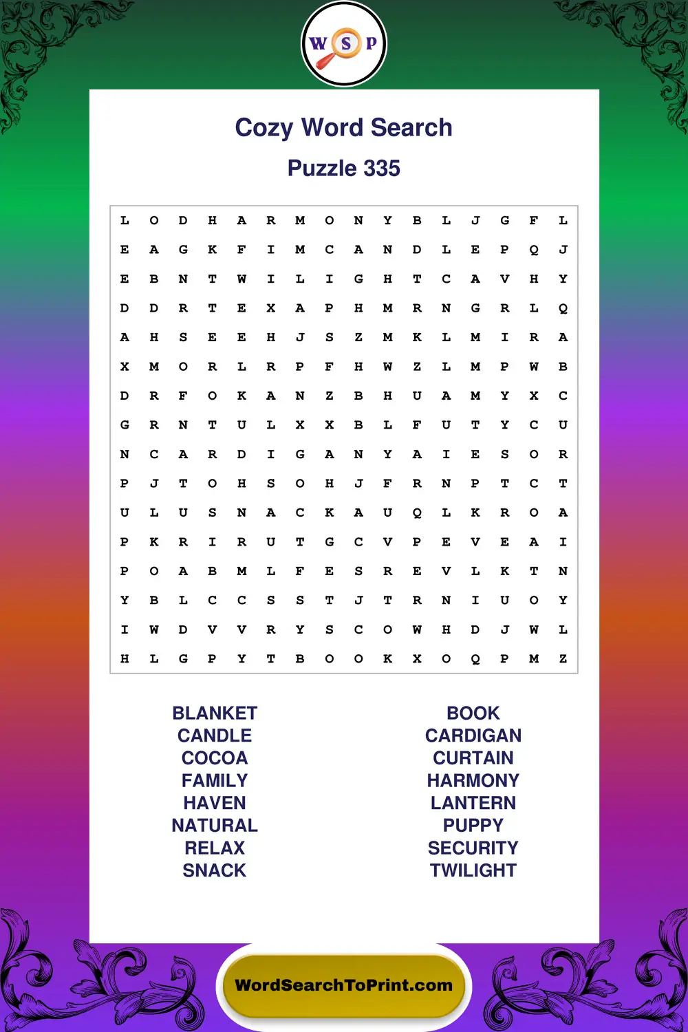 Cozy Word Search Puzzle 335