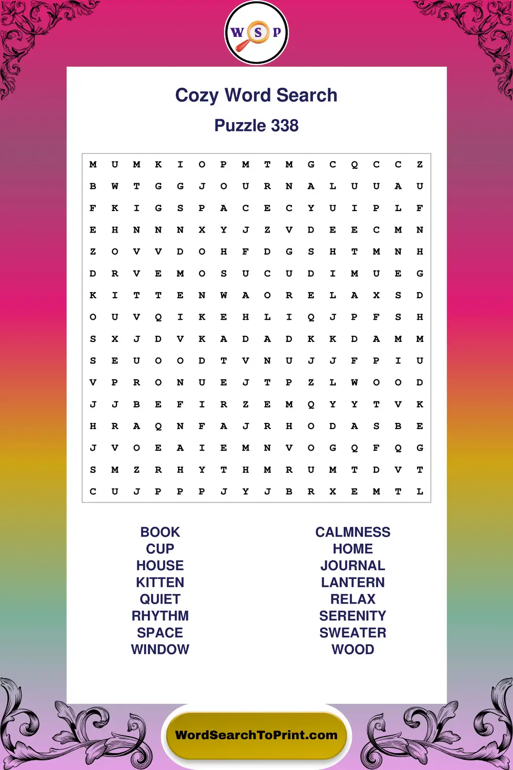 Cozy Word Search Puzzle 338
