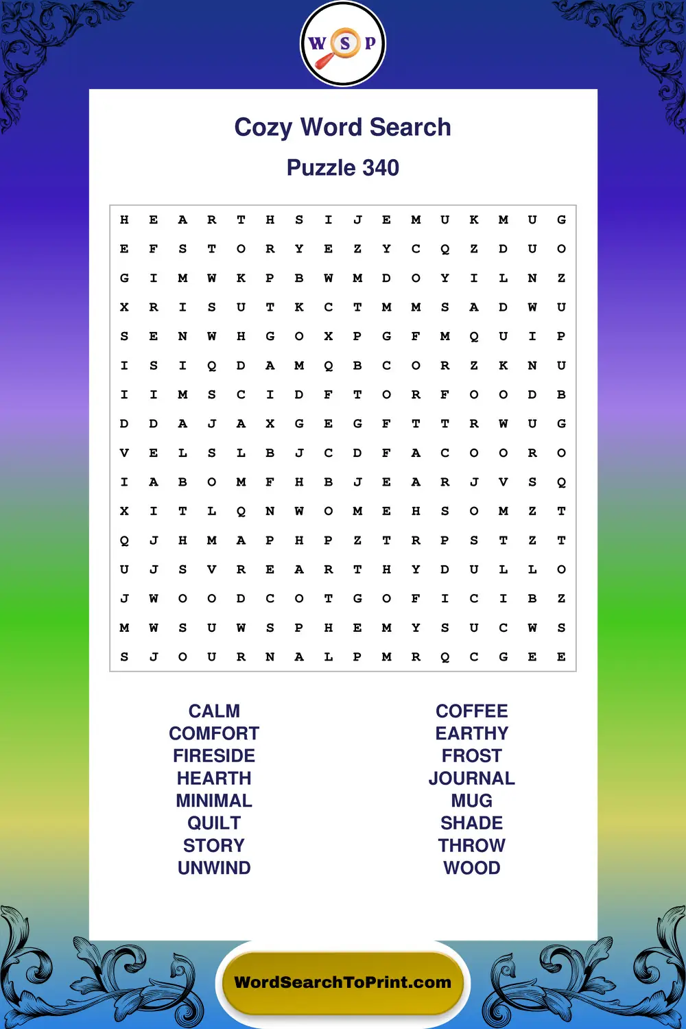 Cozy Word Search Puzzle 340