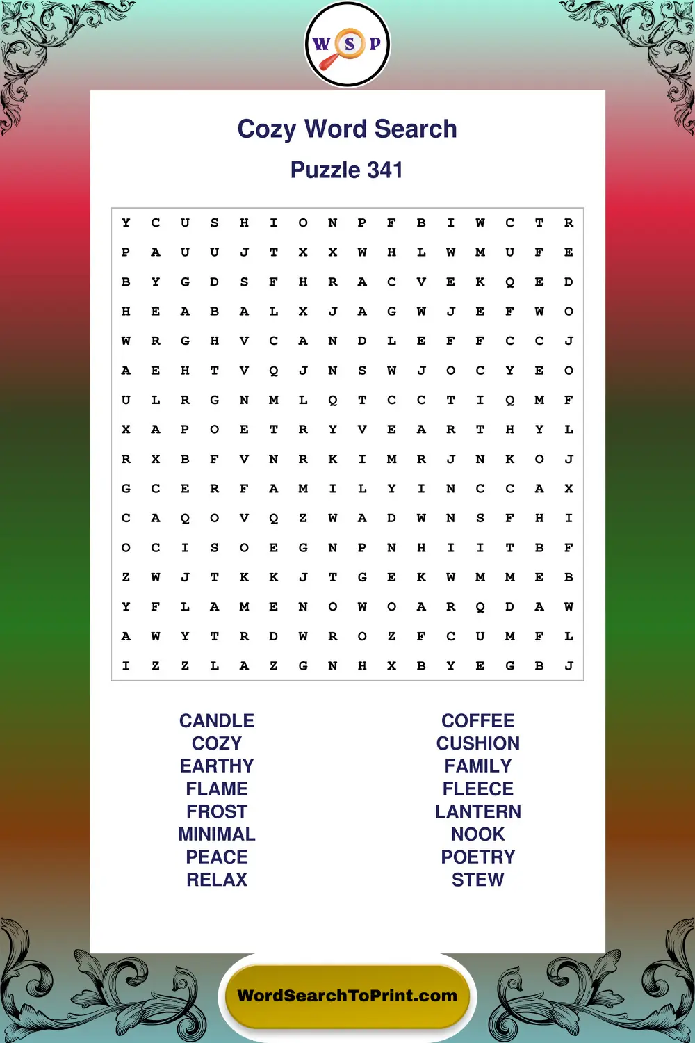 Cozy Word Search Puzzle 341