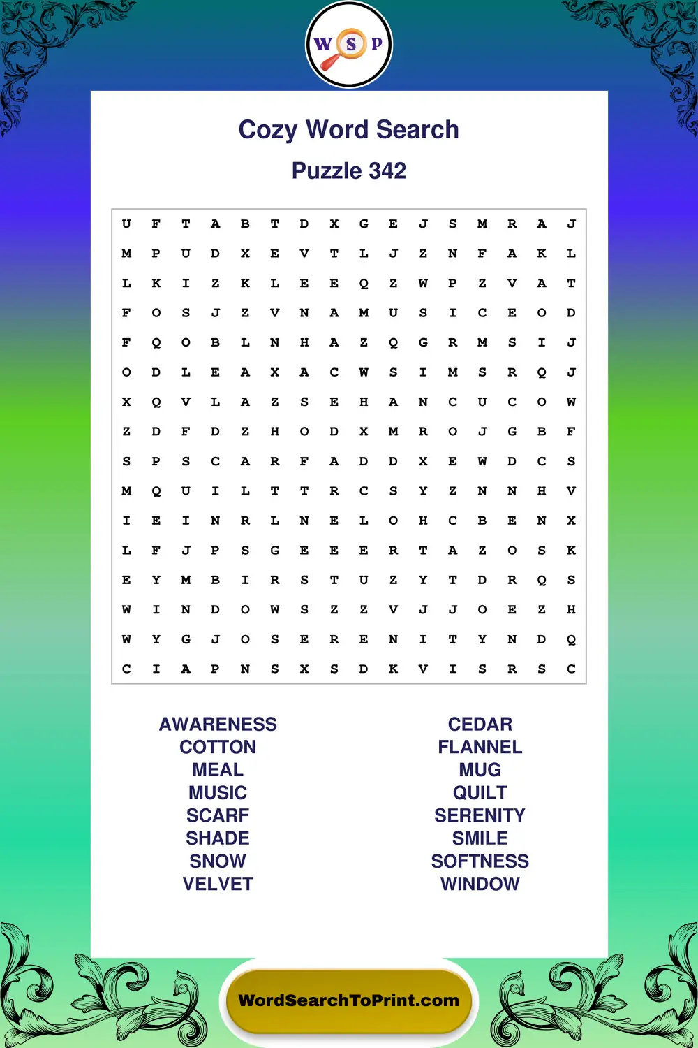 Cozy Word Search Puzzle 342