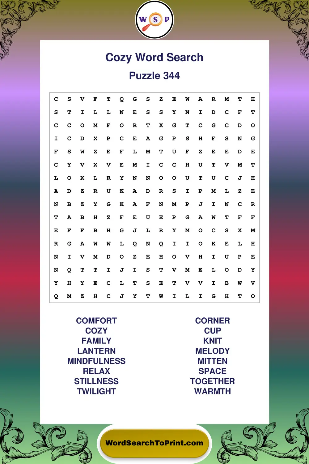 Cozy Word Search Puzzle 344
