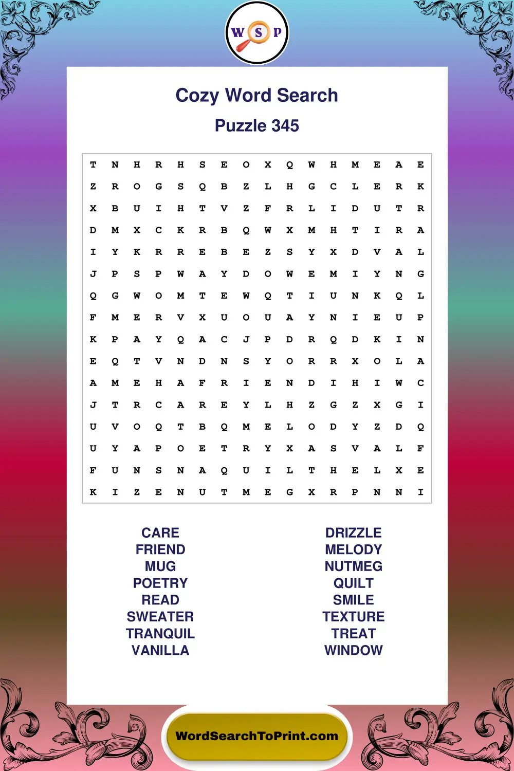 Cozy Word Search Puzzle 345