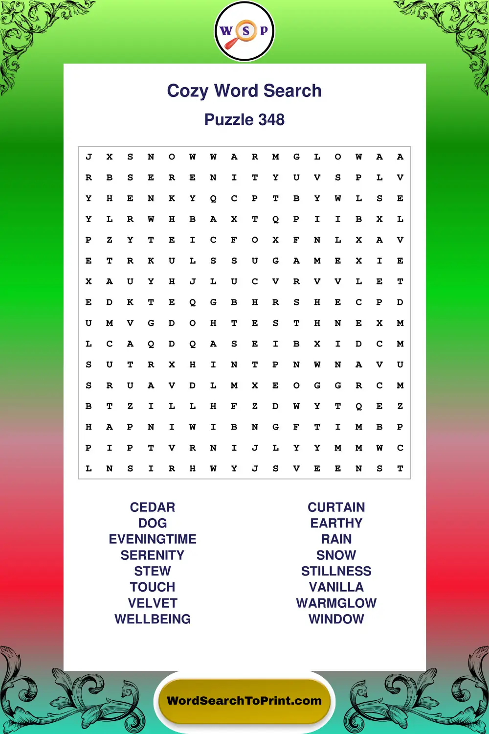 Cozy Word Search Puzzle 348