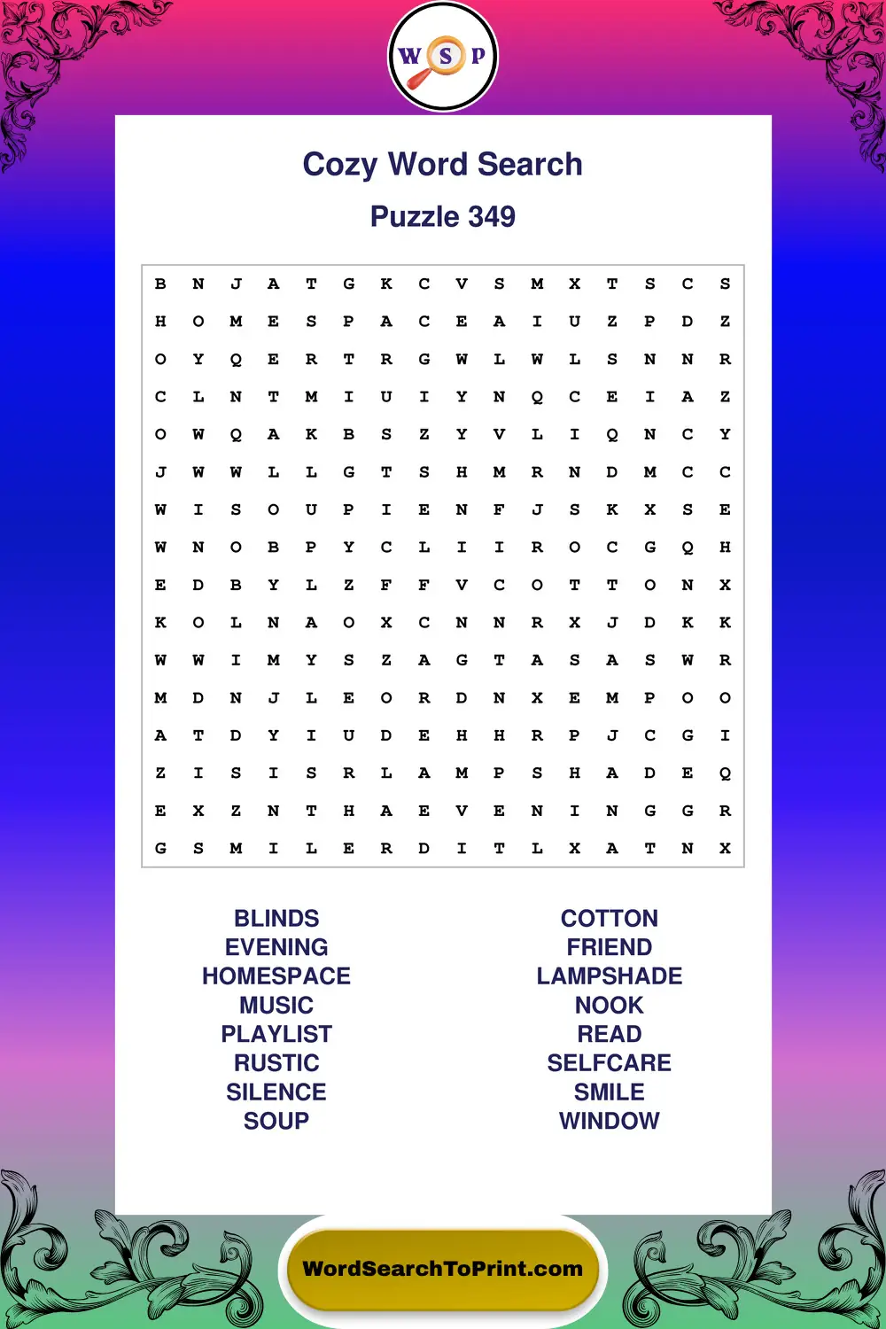 Cozy Word Search Puzzle 349