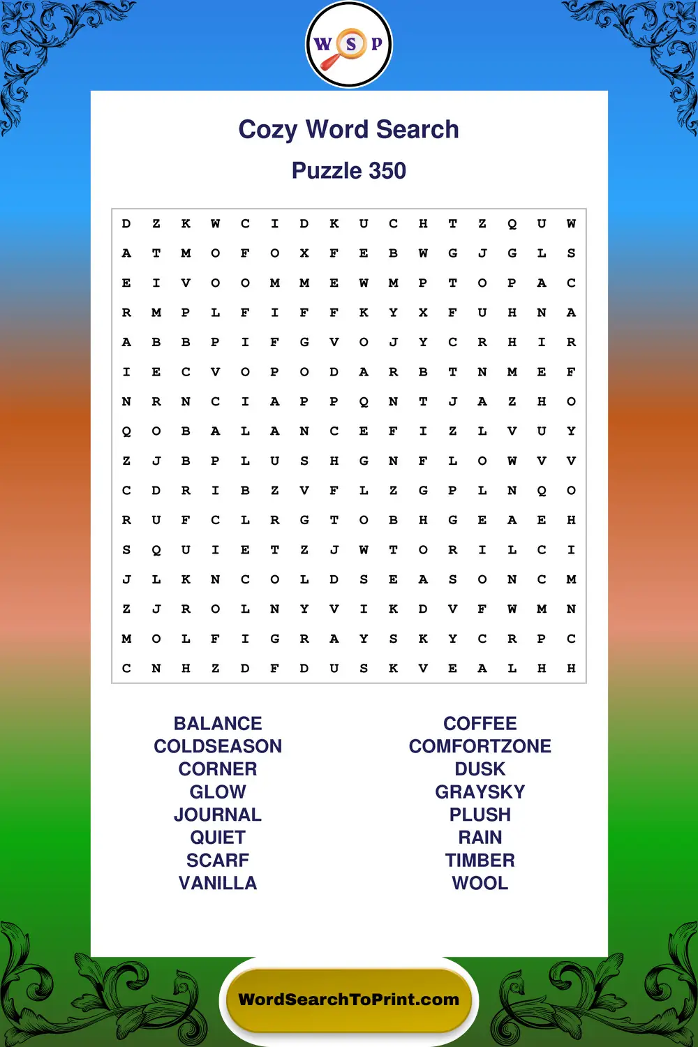 Cozy Word Search Puzzle 350