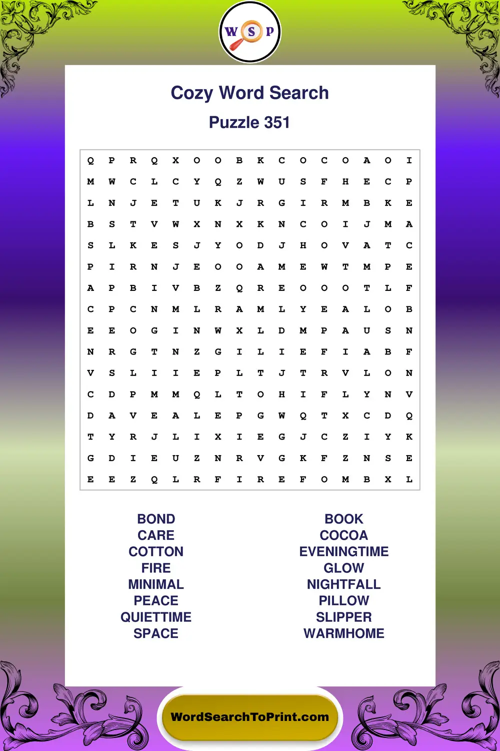 Cozy Word Search Puzzle 351