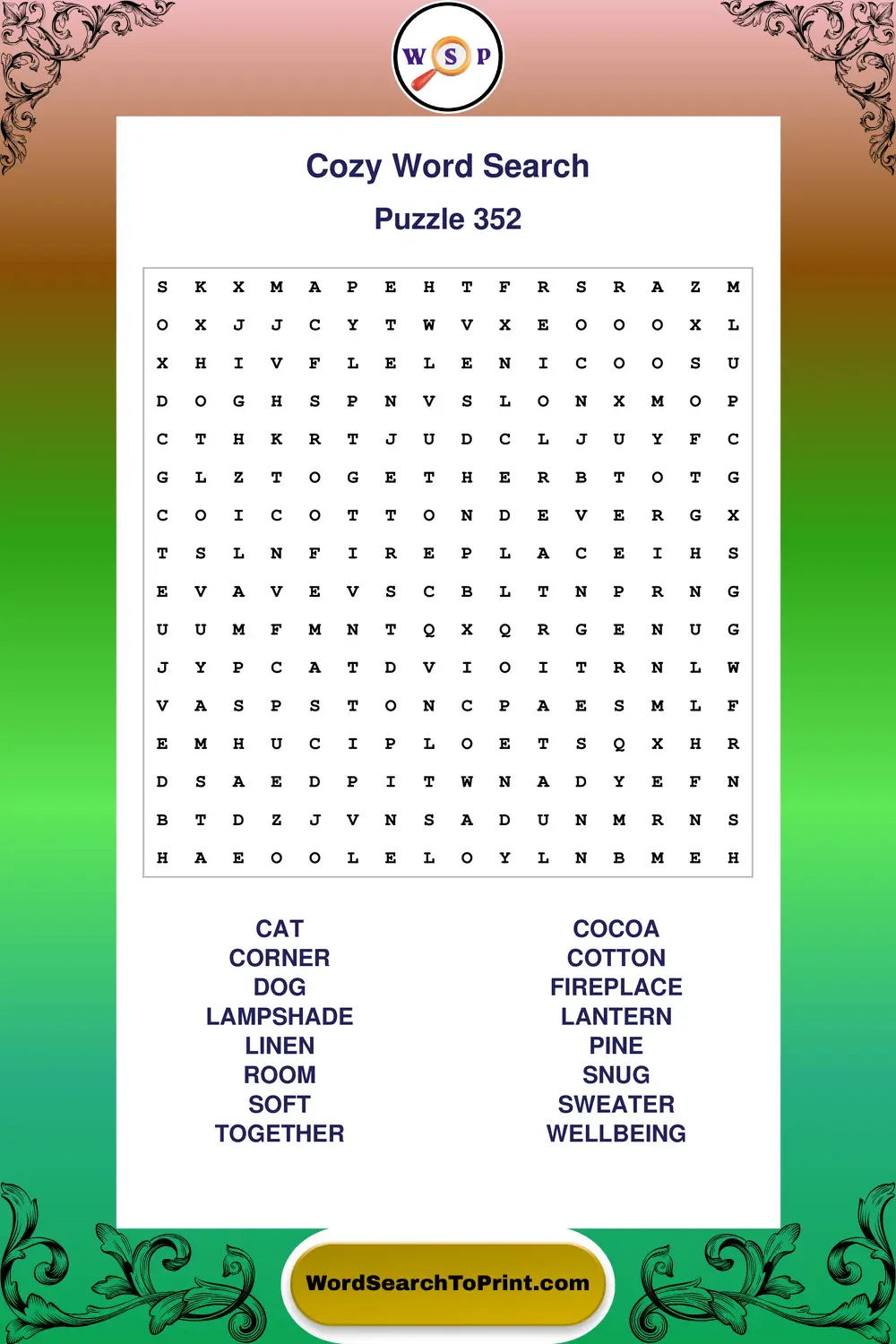 Cozy Word Search Puzzle 352