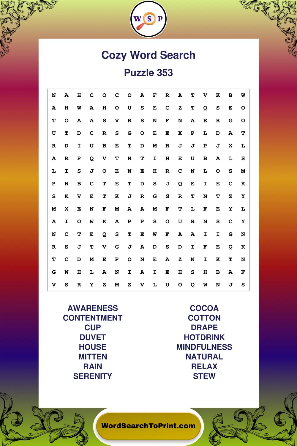 Cozy Word Search Puzzle 353