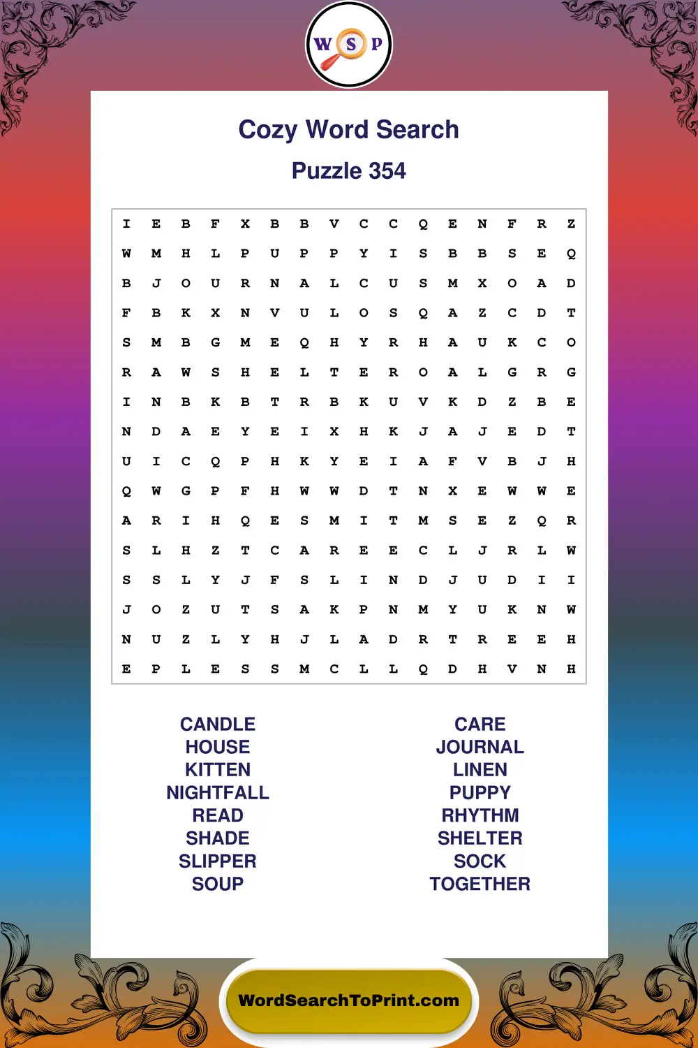 Cozy Word Search Puzzle 354