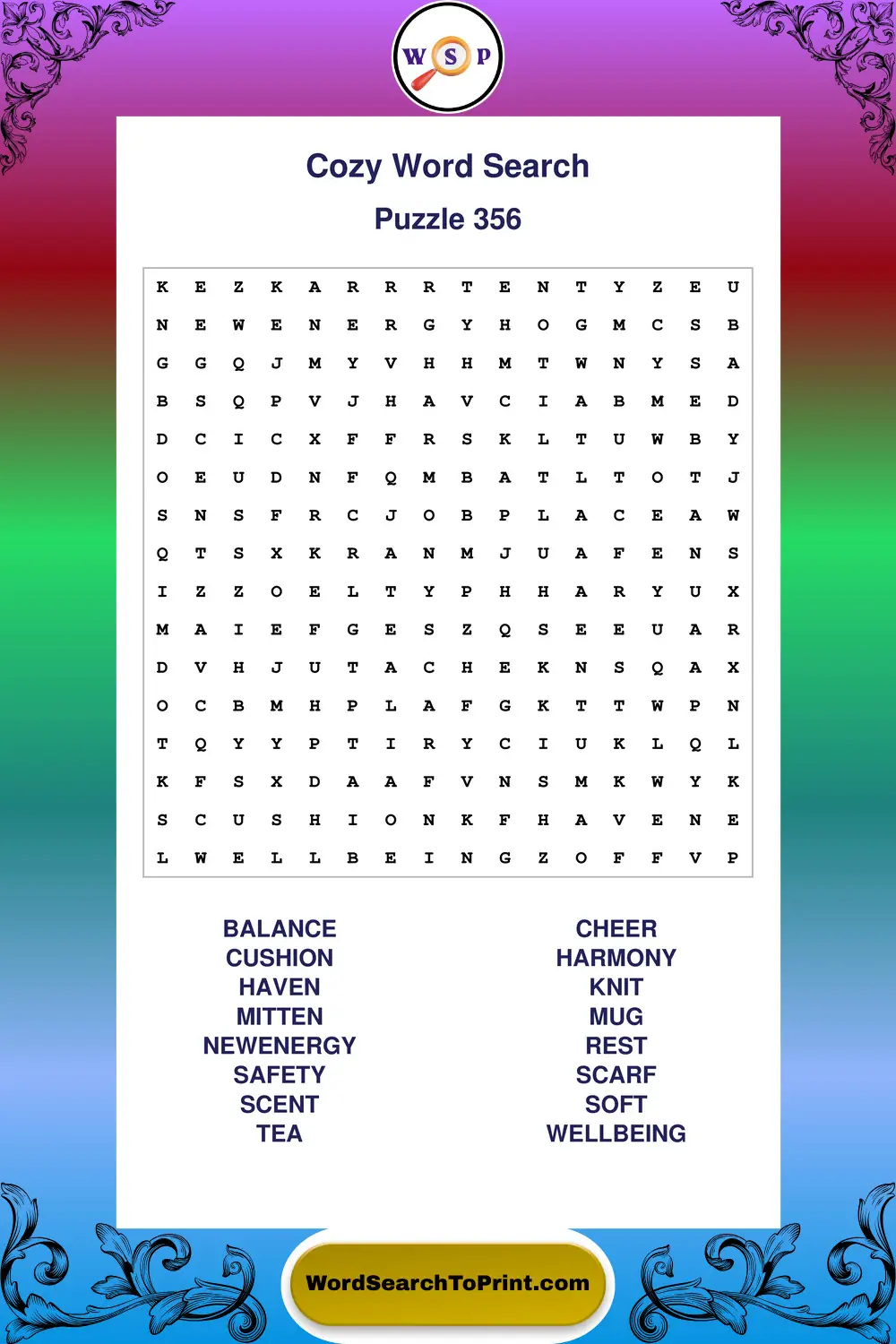 Cozy Word Search Puzzle 356