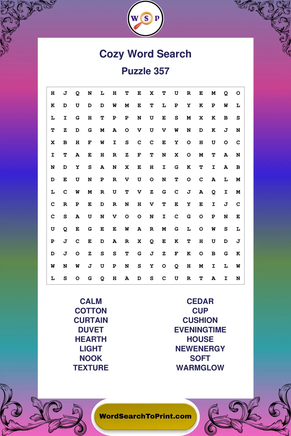 Cozy Word Search Puzzle 357