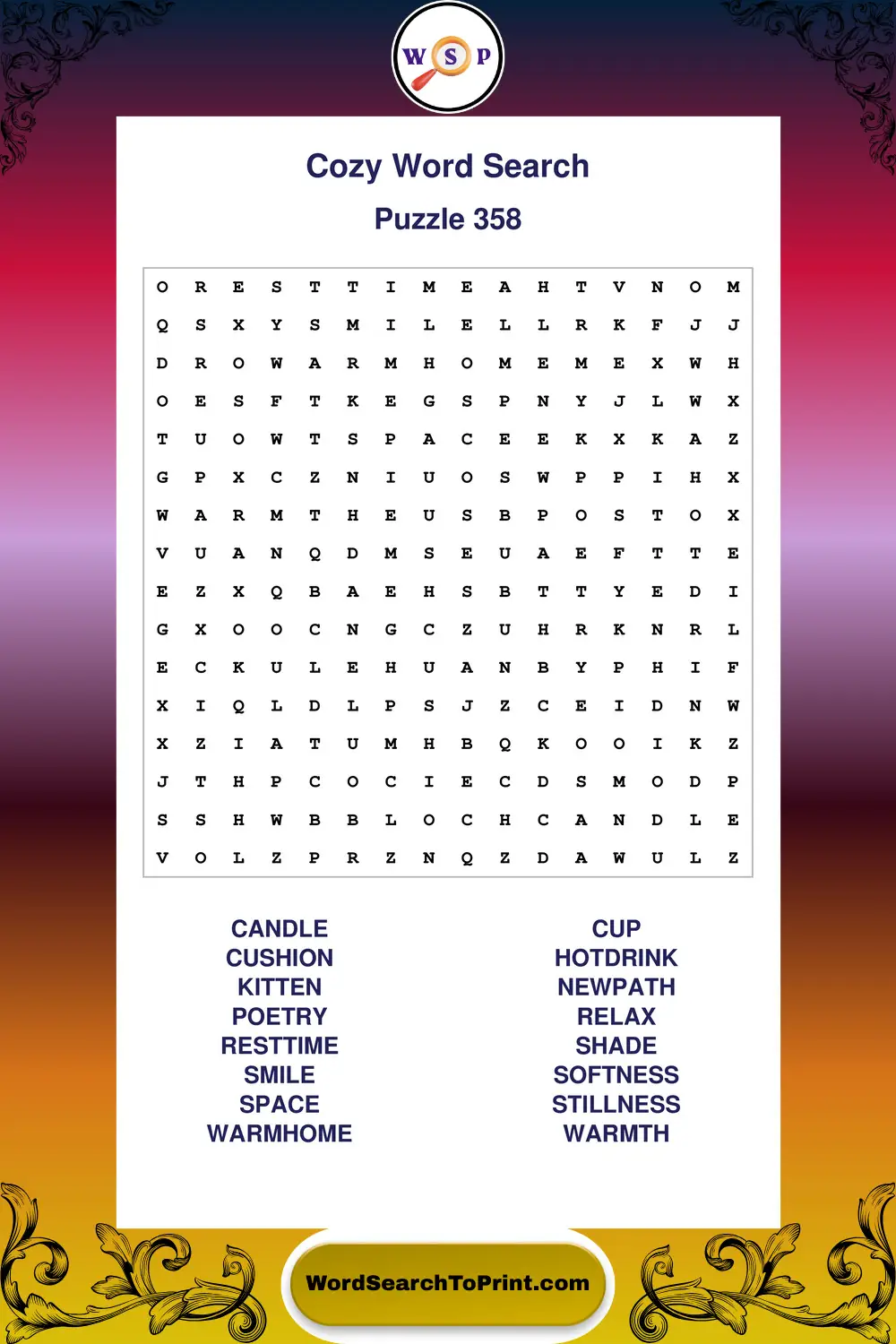 Cozy Word Search Puzzle 358