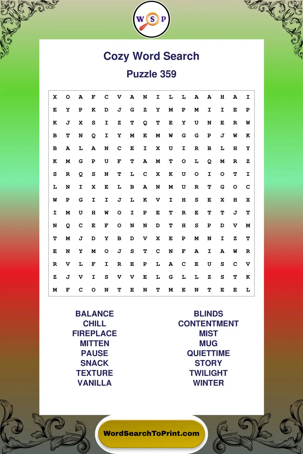 Cozy Word Search Puzzle 359