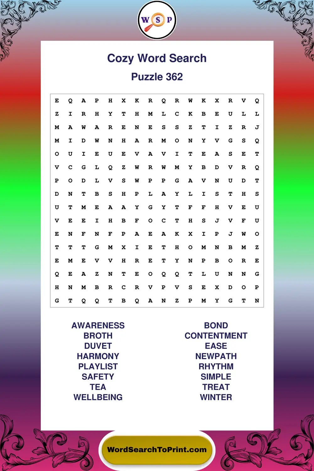 Cozy Word Search Puzzle 362