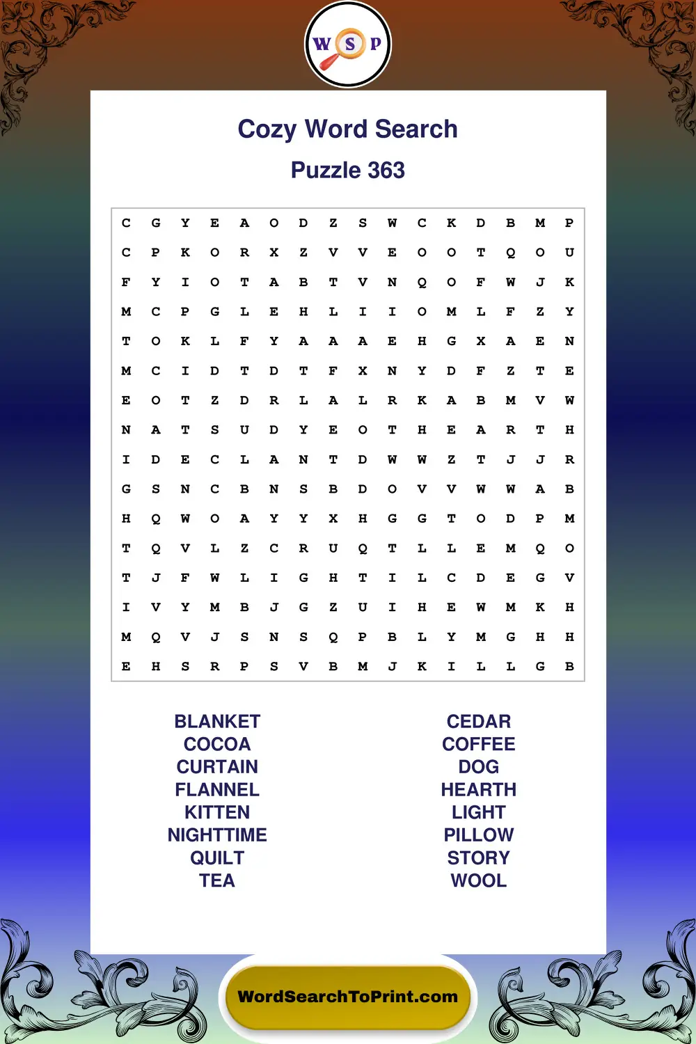 Cozy Word Search Puzzle 363