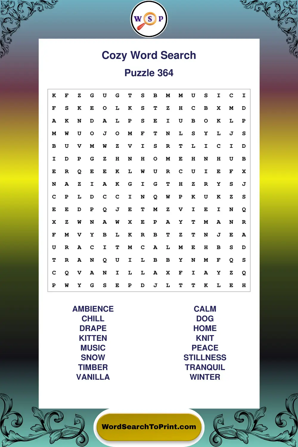 Cozy Word Search Puzzle 364