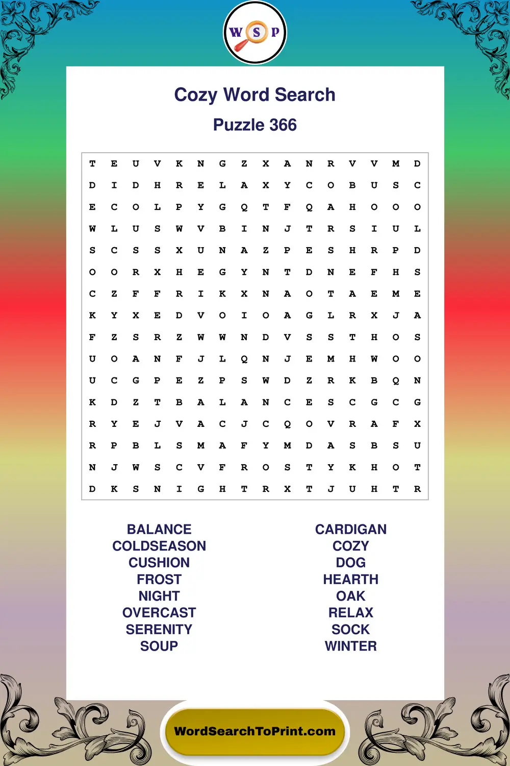 Cozy Word Search Puzzle 366