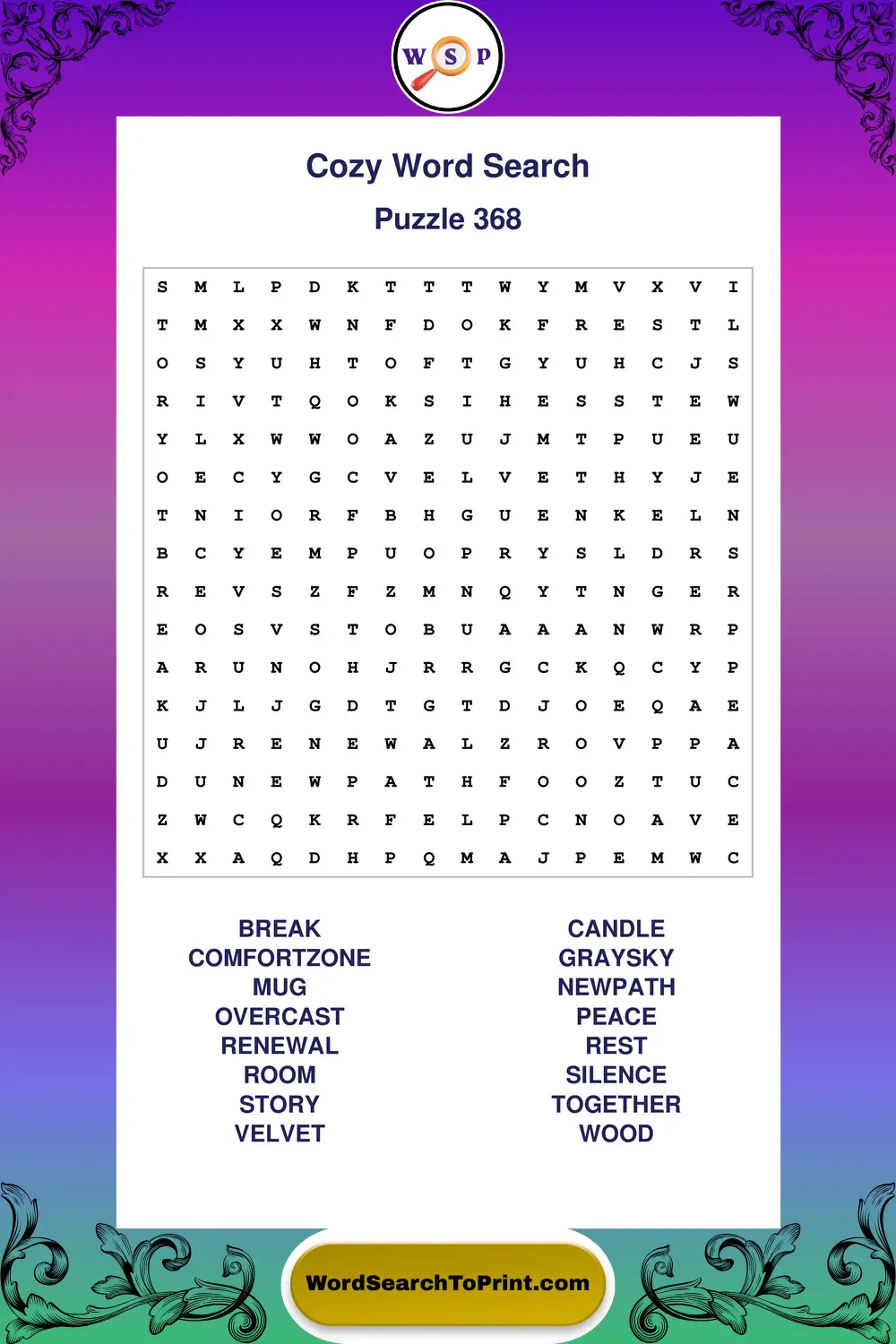 Cozy Word Search Puzzle 368
