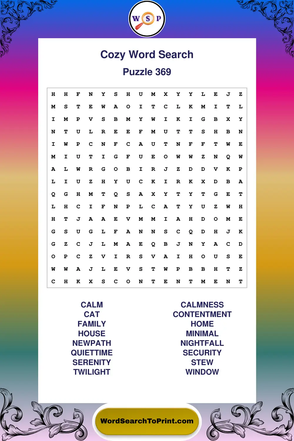 Cozy Word Search Puzzle 369