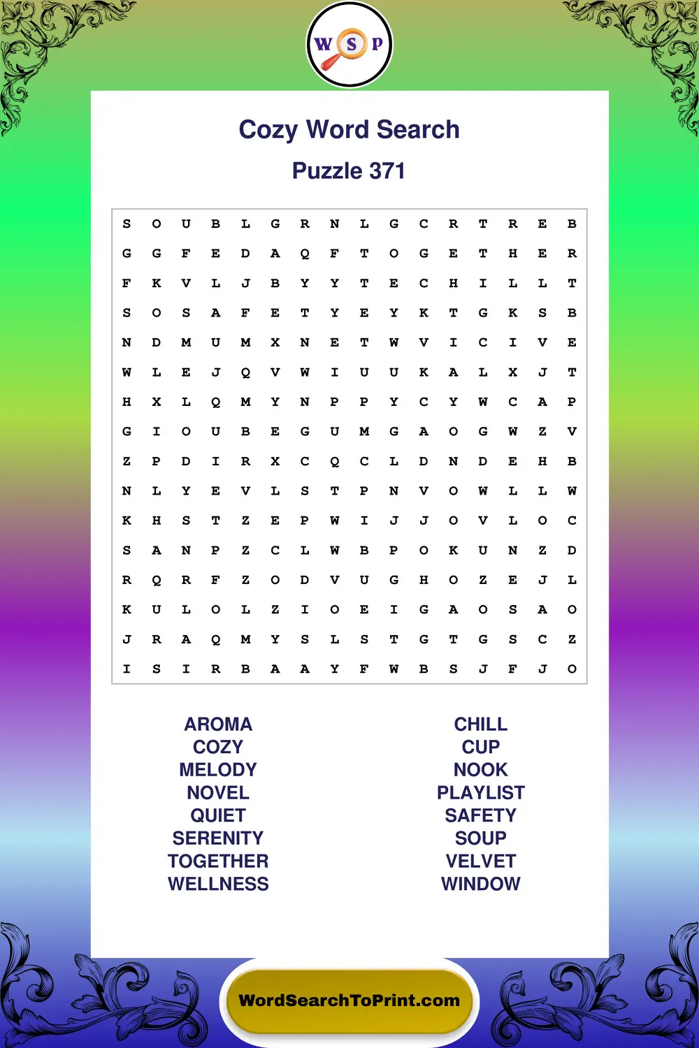 Cozy Word Search Puzzle 371