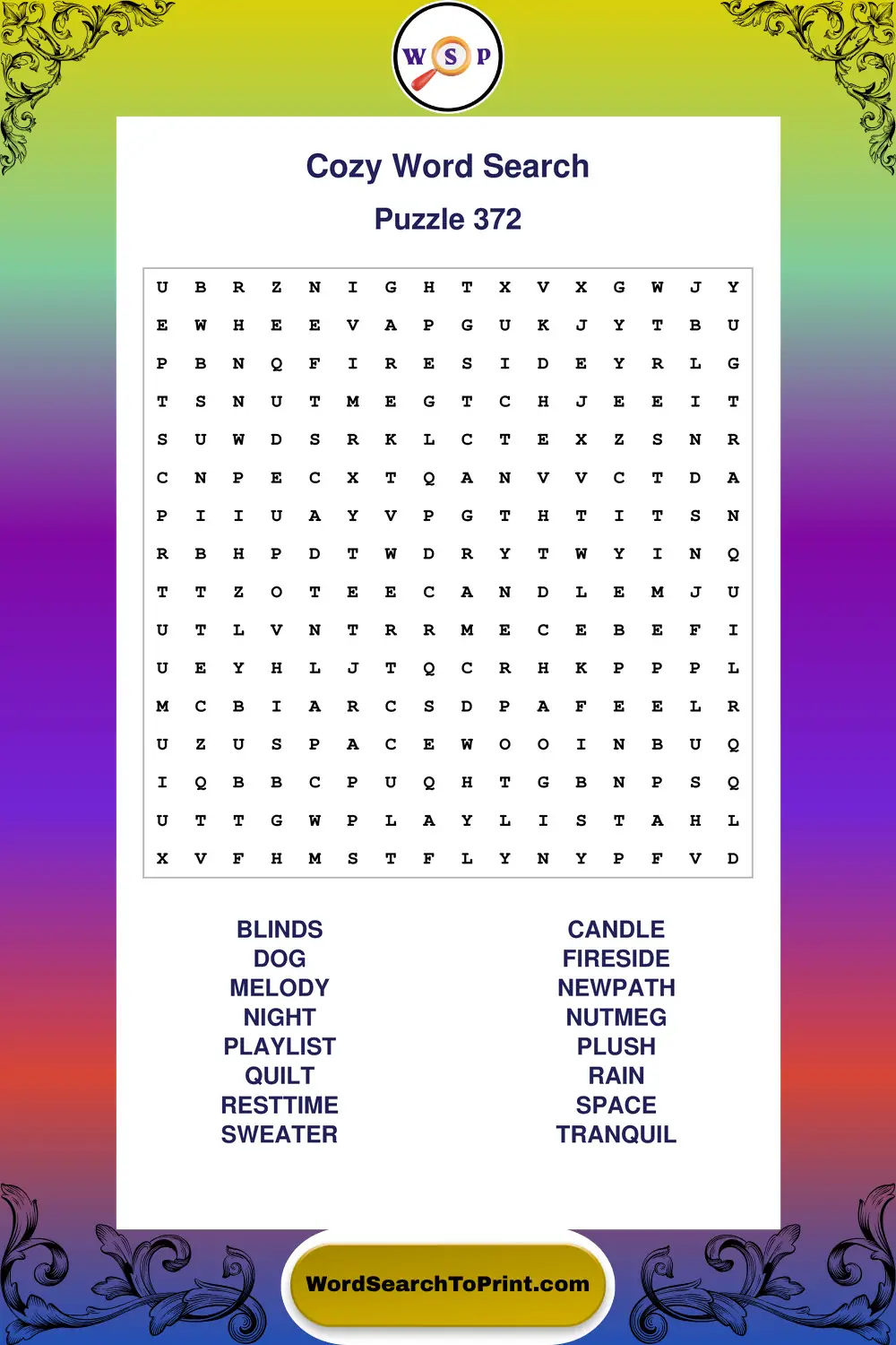Cozy Word Search Puzzle 372