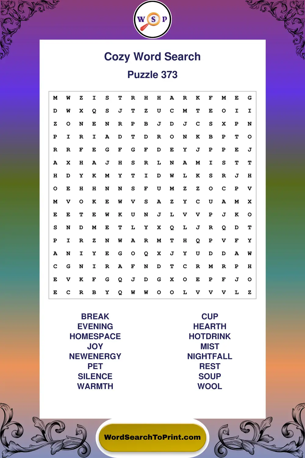 Cozy Word Search Puzzle 373