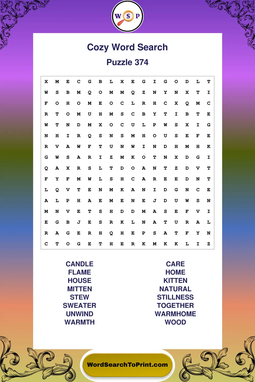 Cozy Word Search Puzzle 374