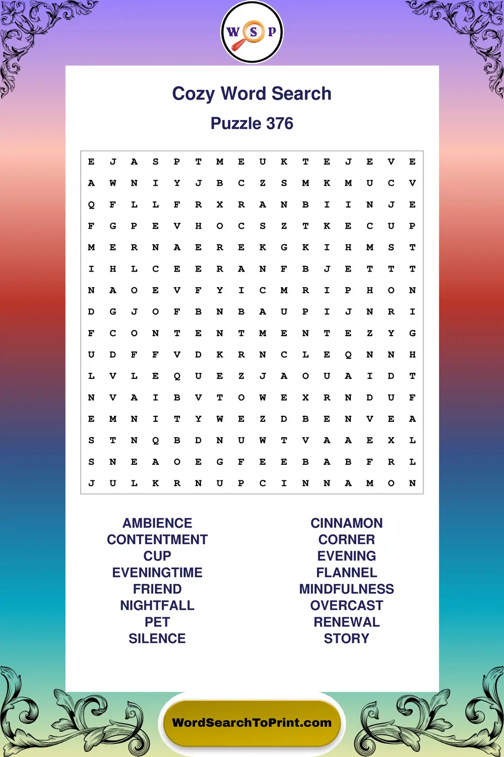 Cozy Word Search Puzzle 376