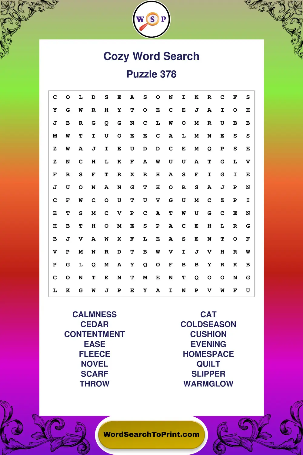 Cozy Word Search Puzzle 378