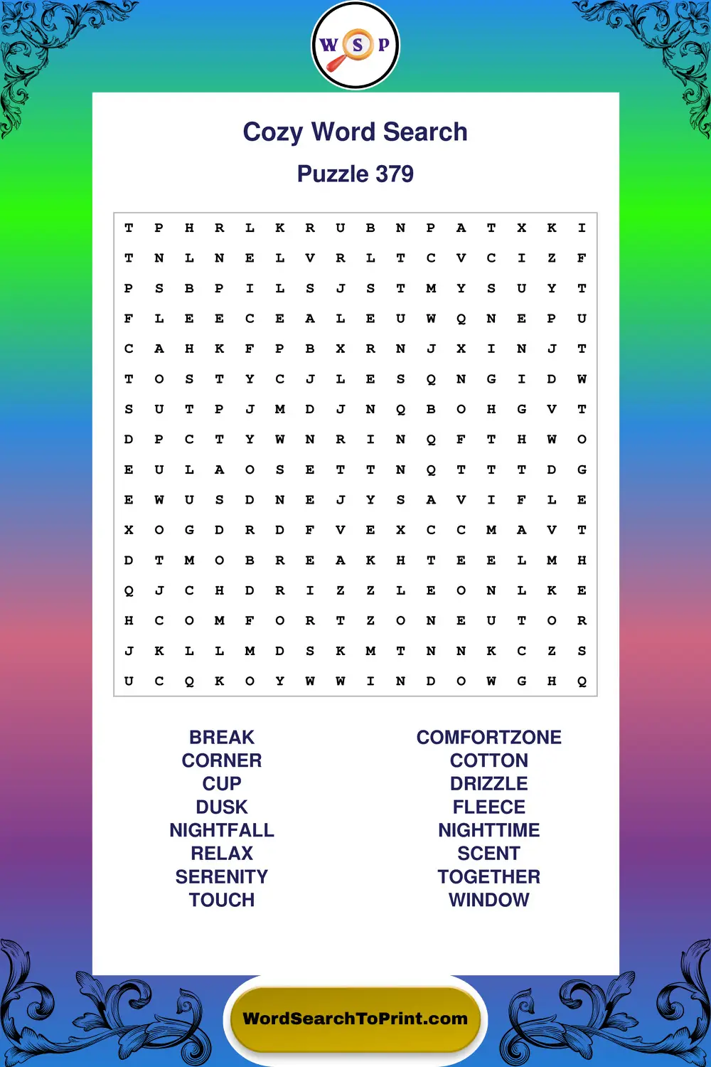 Cozy Word Search Puzzle 379