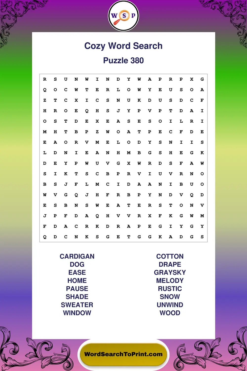 Cozy Word Search Puzzle 380