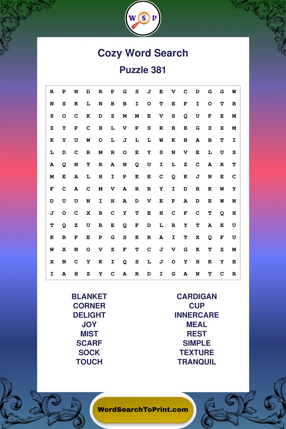 Cozy Word Search Puzzle 381