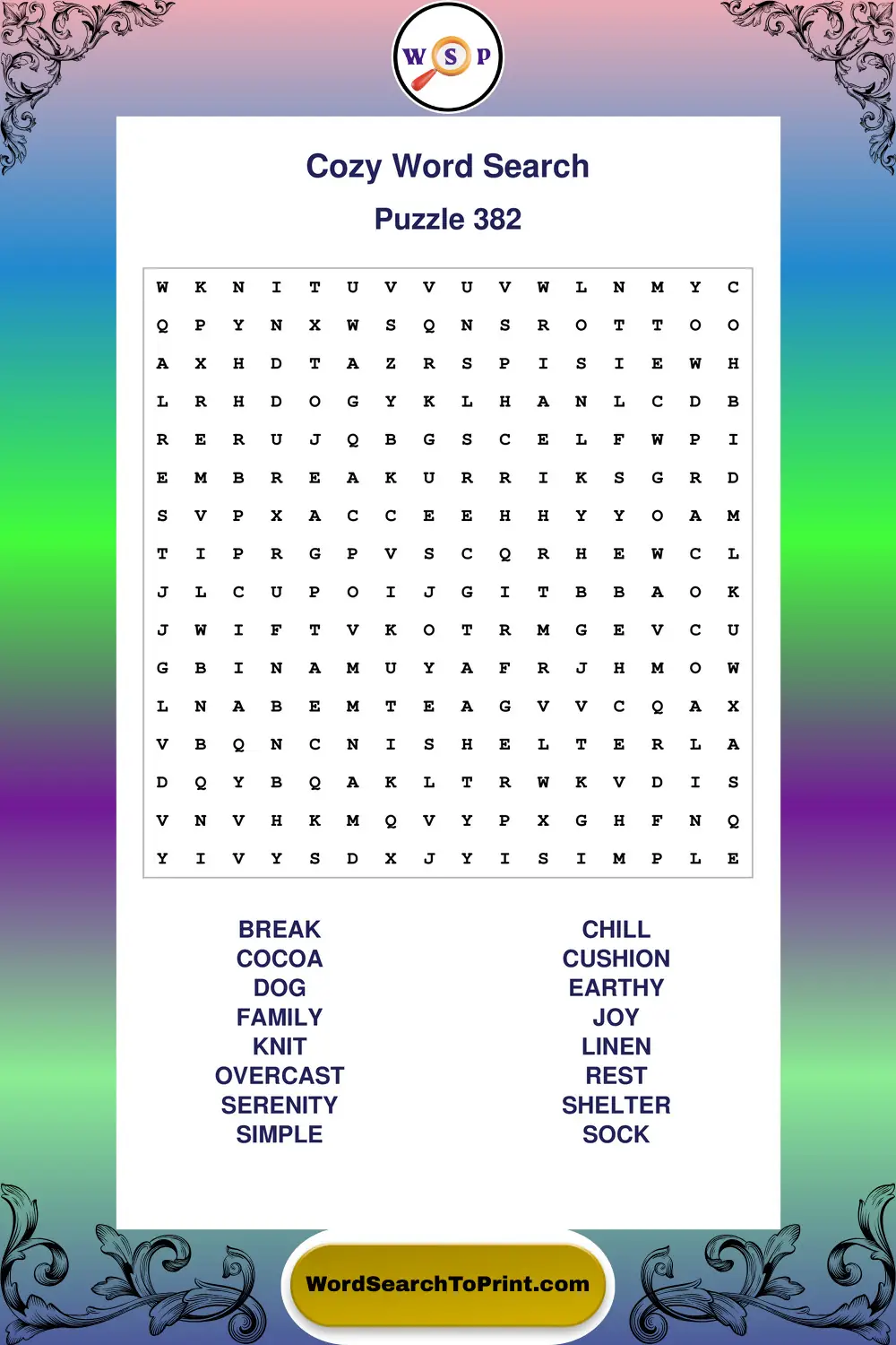 Cozy Word Search Puzzle 382