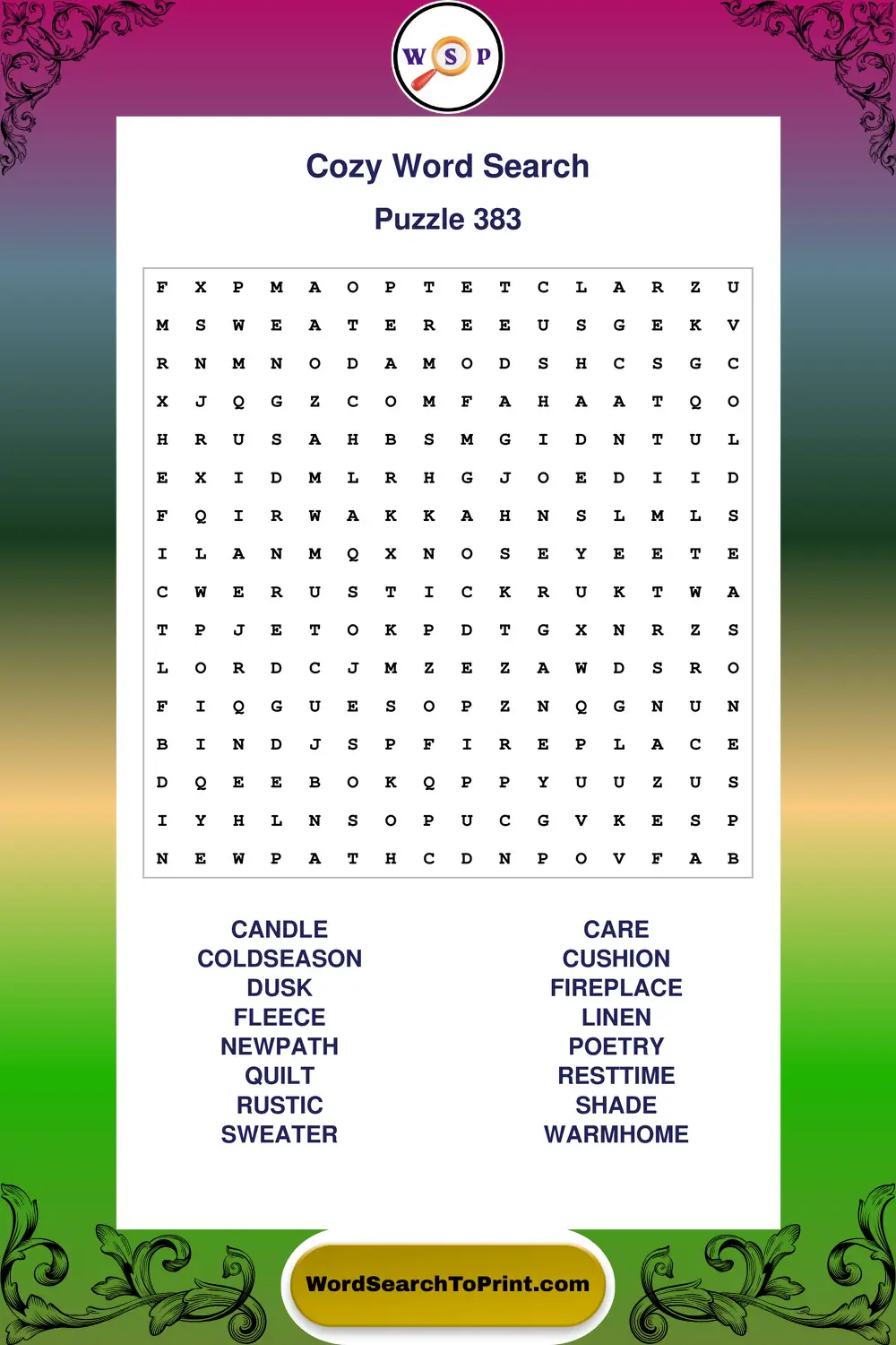 Cozy Word Search Puzzle 383