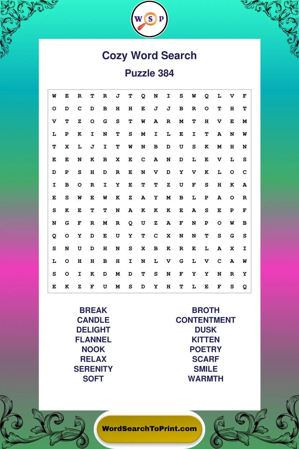 Cozy Word Search Puzzle 384