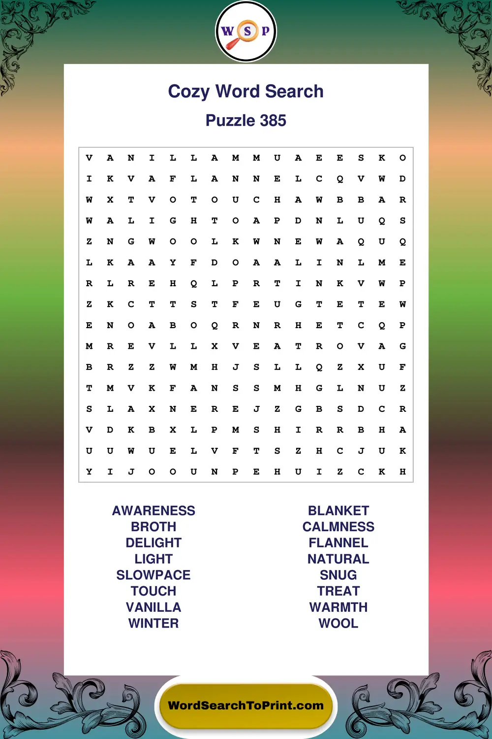 Cozy Word Search Puzzle 385