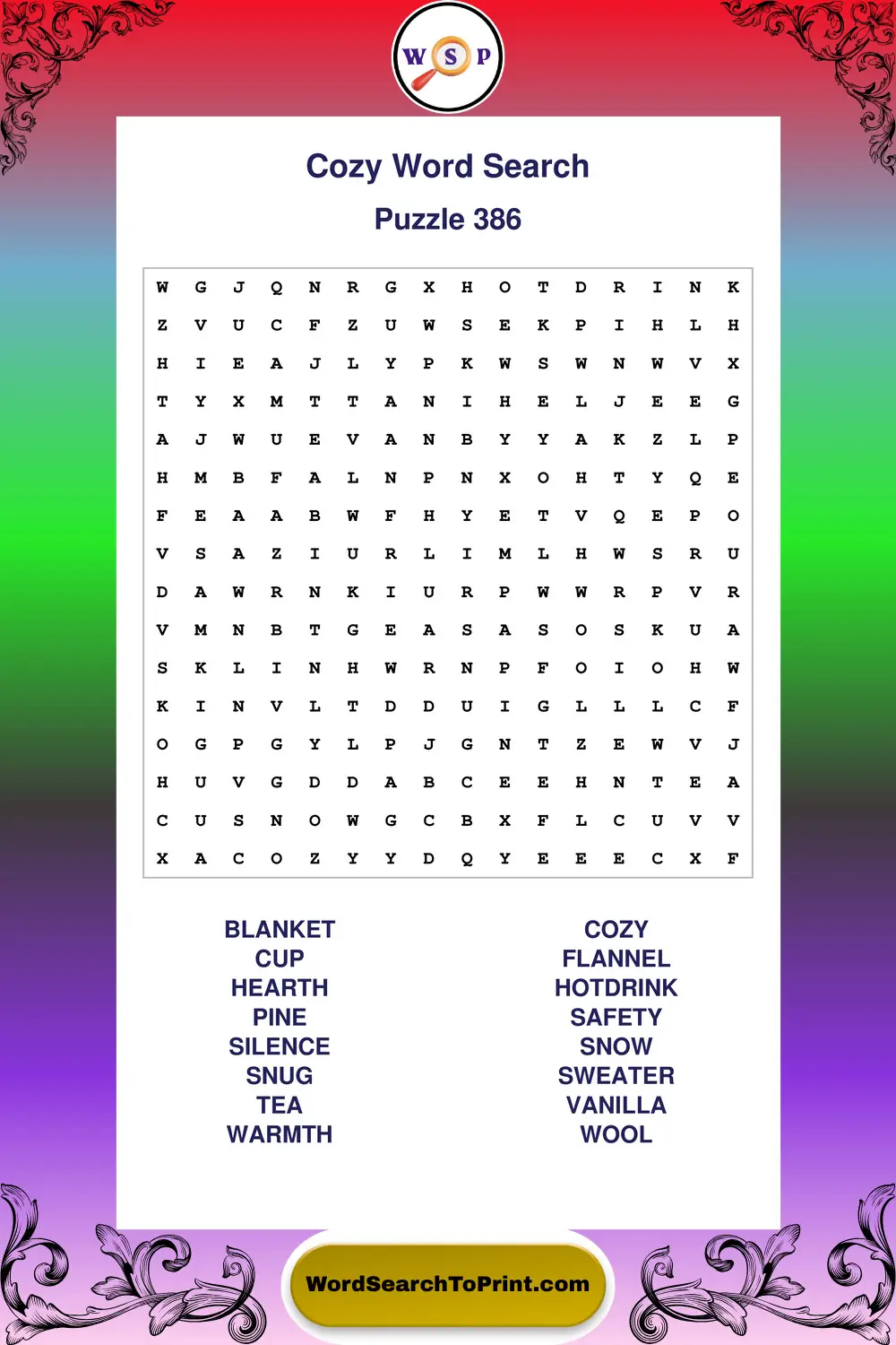 Cozy Word Search Puzzle 386