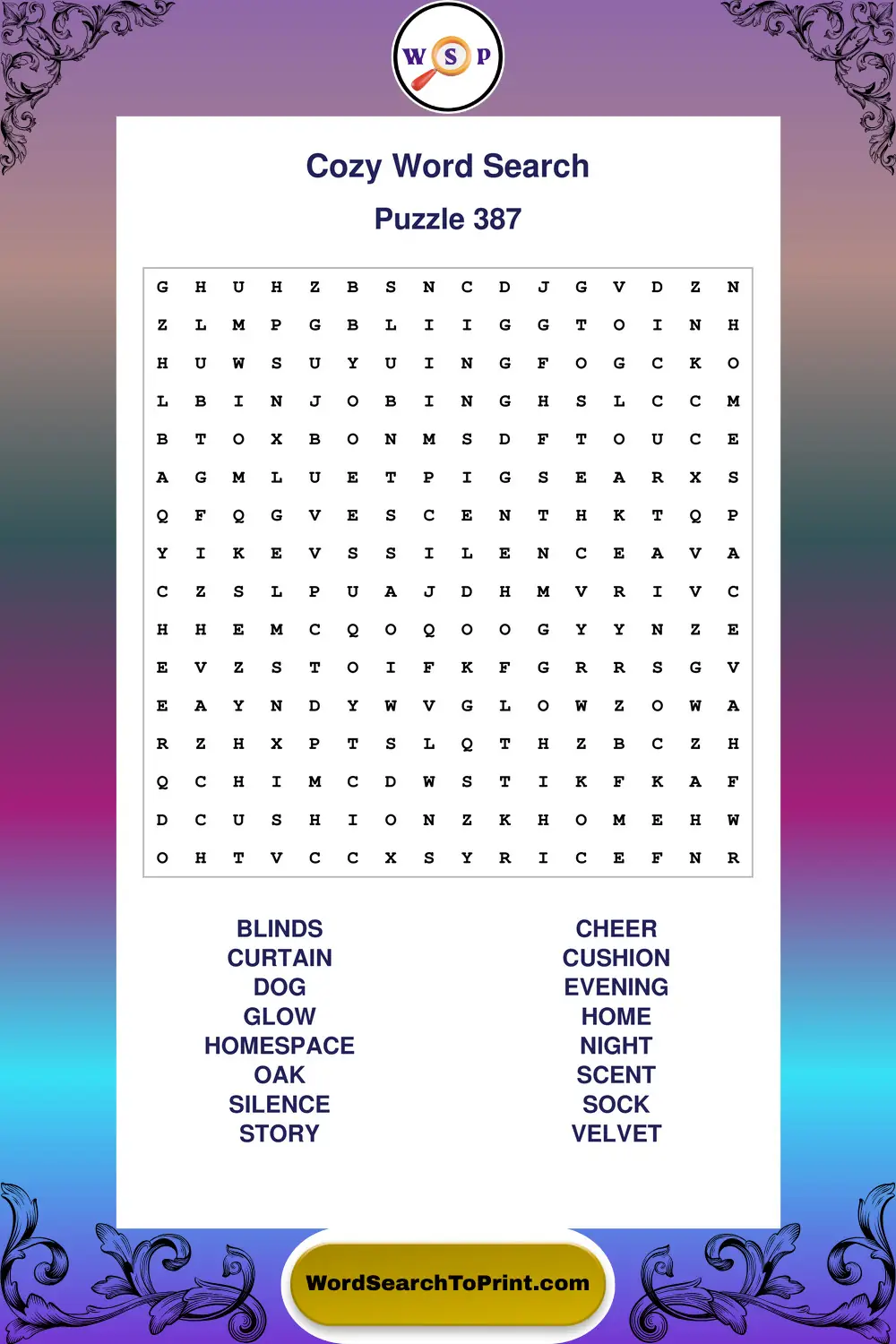 Cozy Word Search Puzzle 387