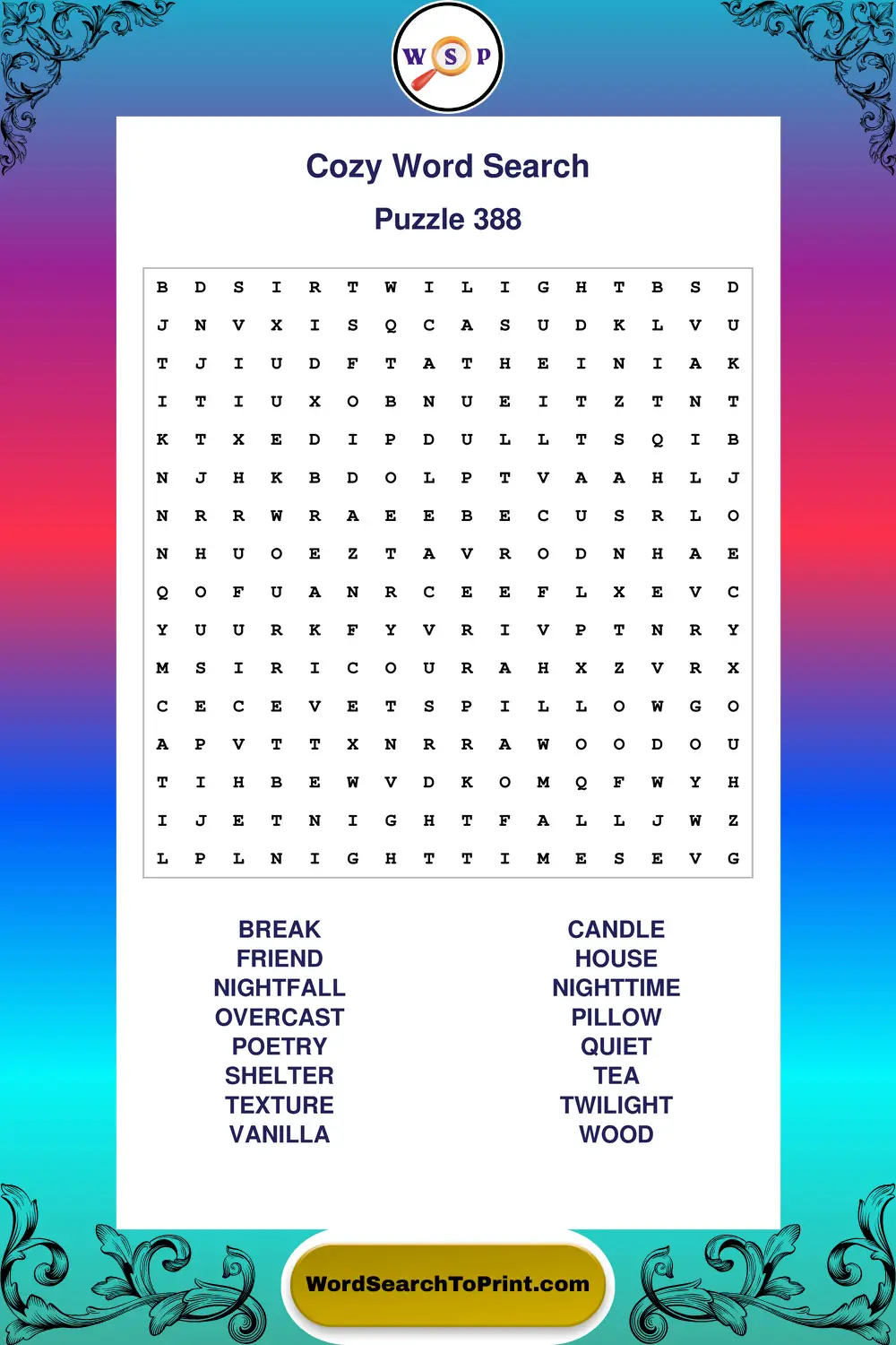 Cozy Word Search Puzzle 388