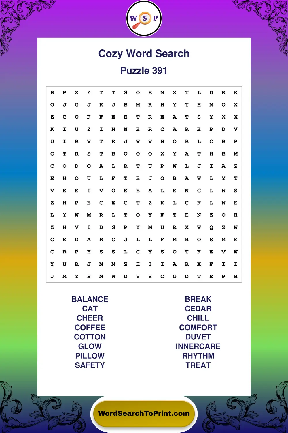 Cozy Word Search Puzzle 391