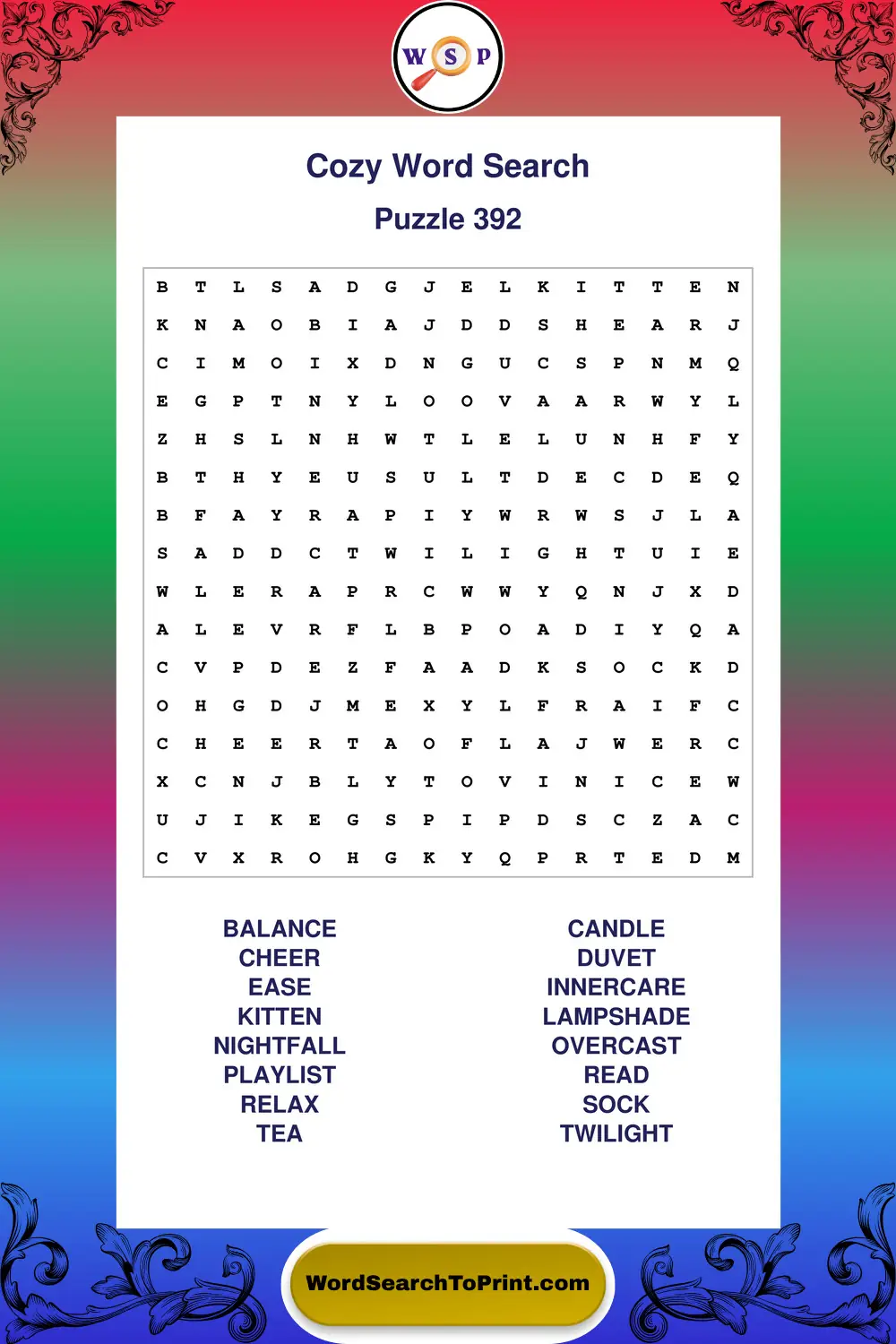 Cozy Word Search Puzzle 392