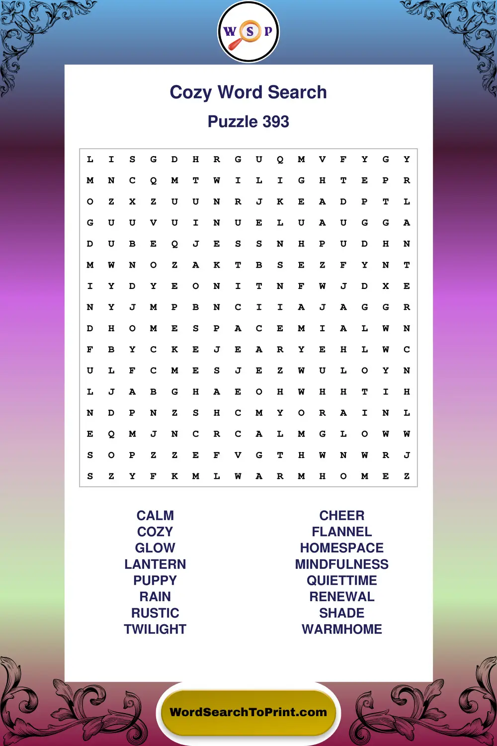 Cozy Word Search Puzzle 393