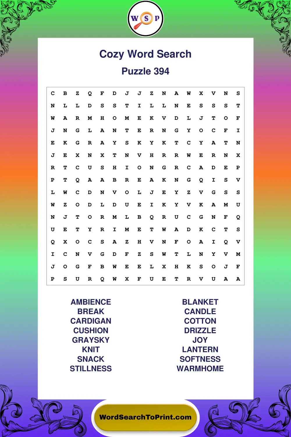 Cozy Word Search Puzzle 394