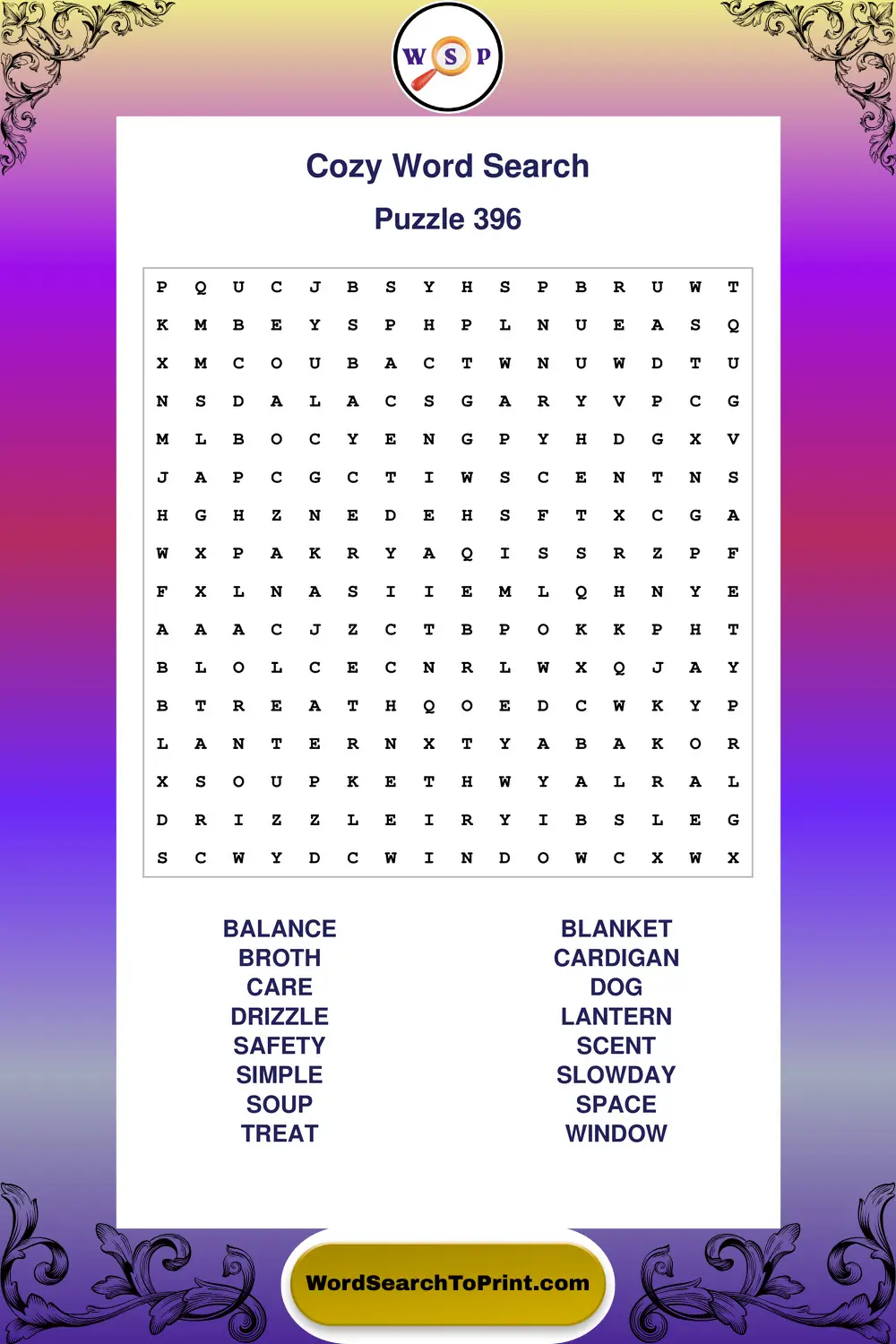 Cozy Word Search Puzzle 396