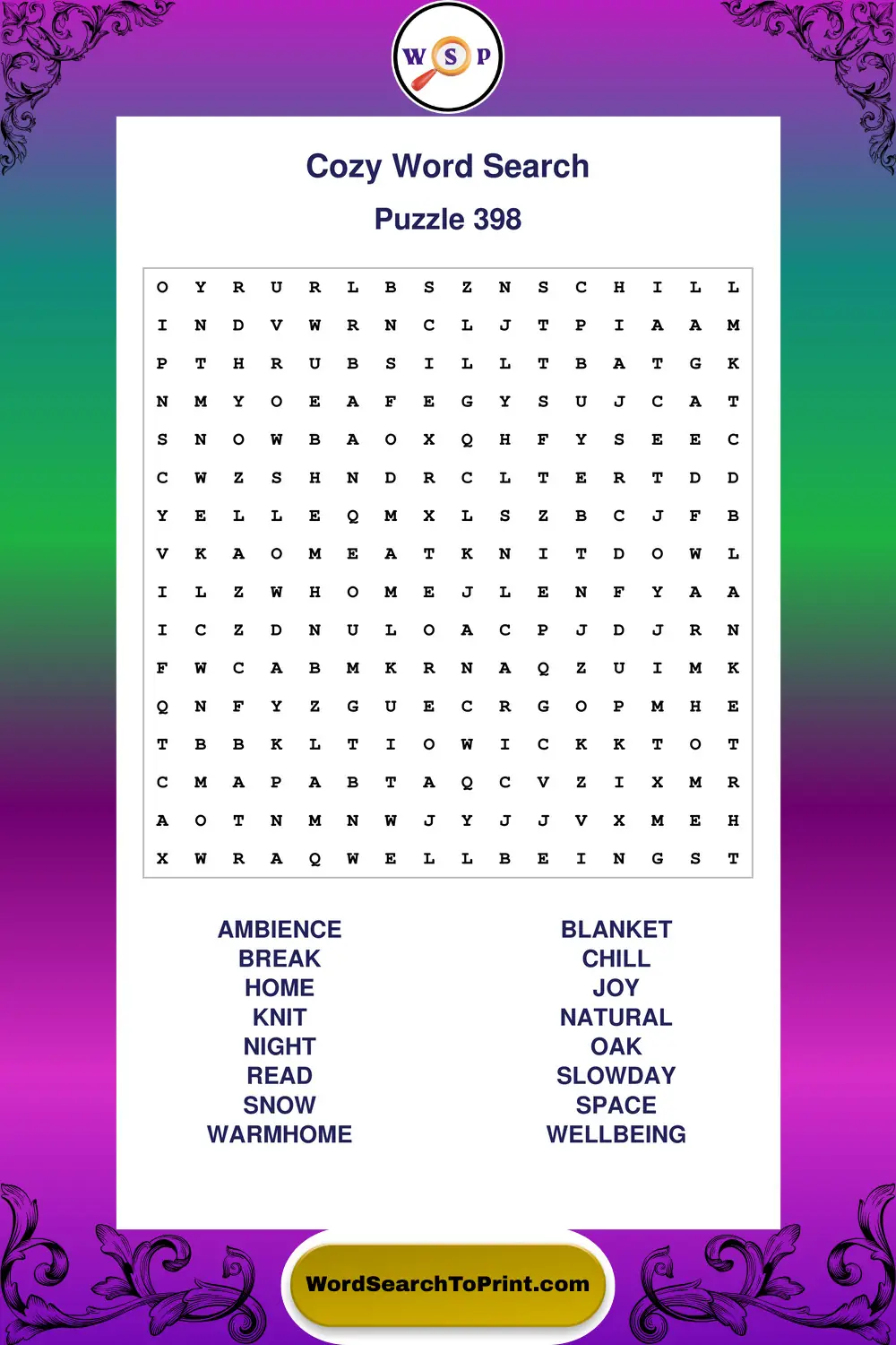 Cozy Word Search Puzzle 398