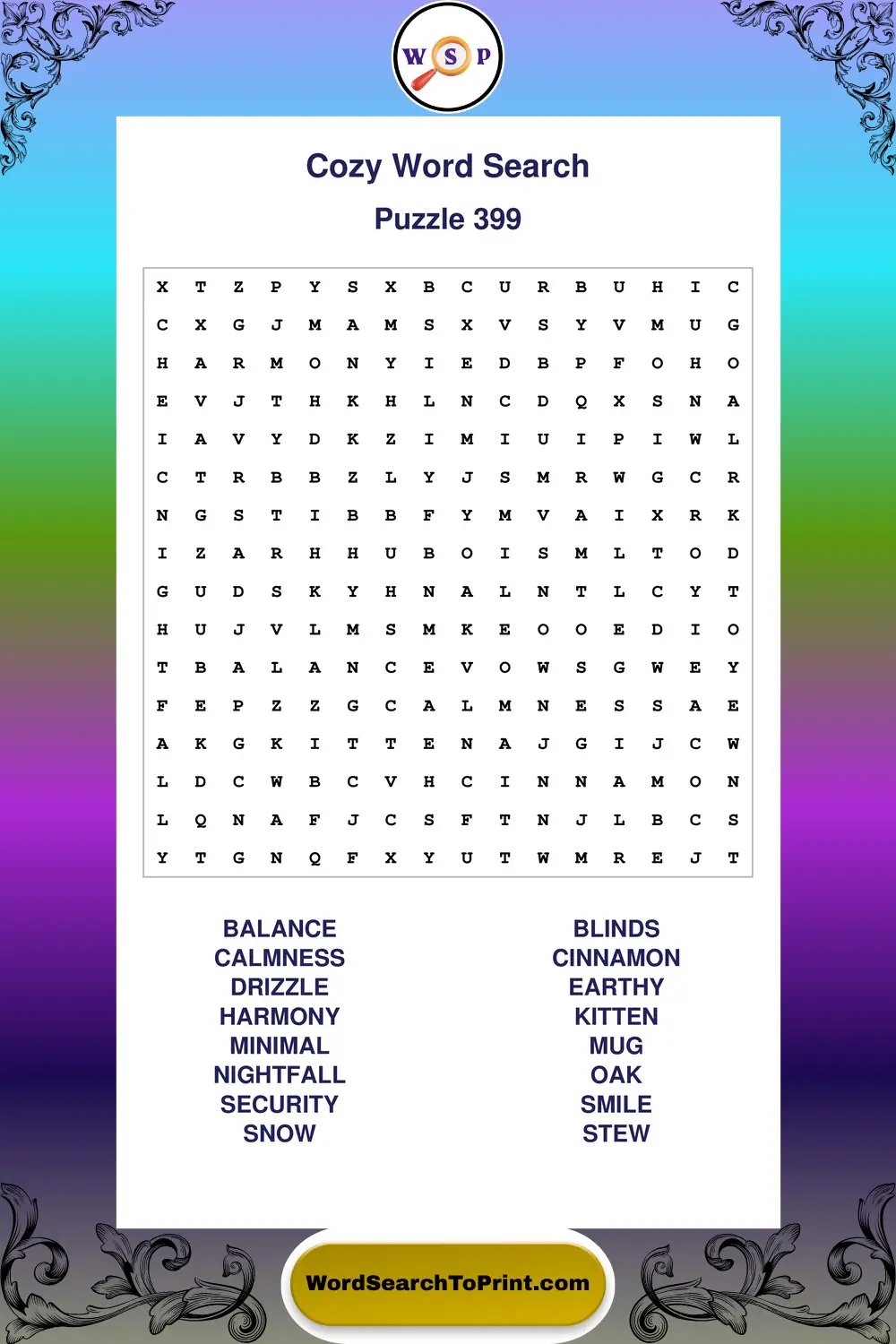 Cozy Word Search Puzzle 399