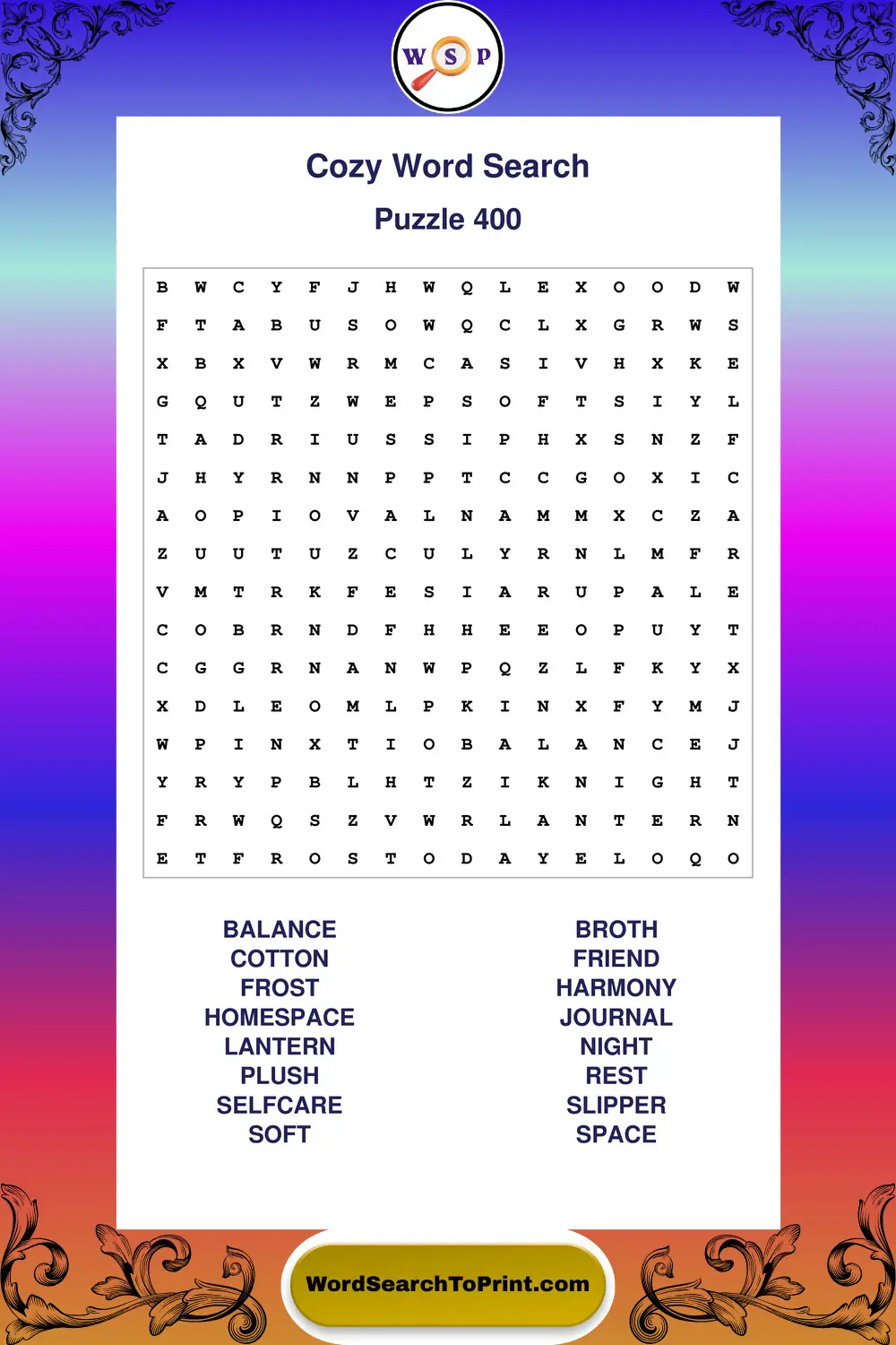 Cozy Word Search Puzzle 400