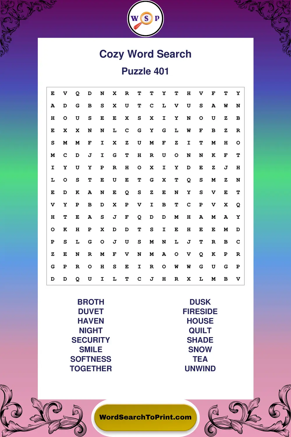 Cozy Word Search Puzzle 401