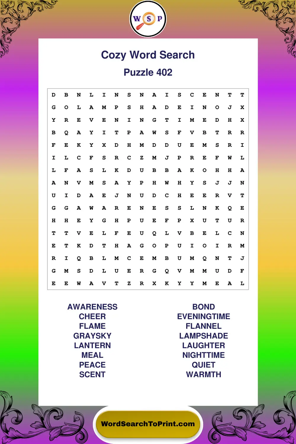 Cozy Word Search Puzzle 402